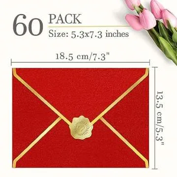 AVERZELLA 60 Pack Gold Envelopes 5x7 Bluk Red, 250G Pearled Cardstock A7 Envelopes for Invitations Business Mailing Envelope with Gold Foil Border, A6 4x6 Envelopes for Wedding Baby Shower Cards