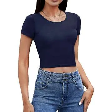 4 Pack Women's Basic Tight Short Sleeve Women Cute Trendy Crop Tops Scoop Neck Crop for Women or Tee...
