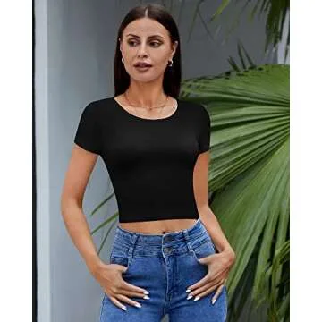 4 Pack Women's Basic Tight Short Sleeve Women Cute Trendy Crop Tops Scoop Neck Crop for Women or Teen Girls (Black, White, Navy Blue, Claret,Small)