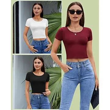 4 Pack Women's Basic Tight Short Sleeve Women Cute Trendy Crop Tops Scoop Neck Crop for Women or Teen Girls (Black, White, Navy Blue, Claret,Small)