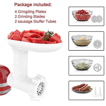 Food Grinder Attachment for KitchenAid Stand Mixers Includes 2 Sausage Filler Tubers, 4 Grinding Plates, Meat Grinder Attachment for kitchenAid, White …