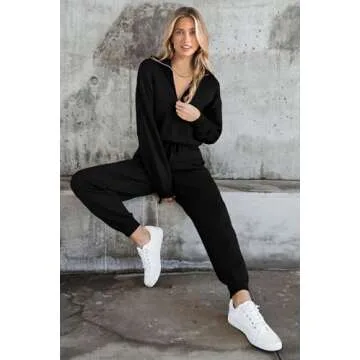 PRETTYGARDEN Women's 2 Piece Sweater Set Pullover Zip Up Sweatshirt Jogger Sweatpants Tracksuit Casual Outfit (Black,Medium)