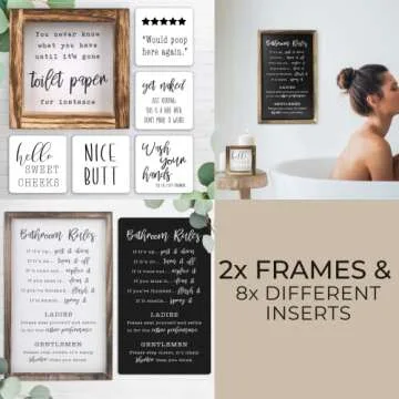 KIBAGA Farmhouse Bathroom Decor Set of 2 - Funny Interchangeable Wall Signs That Will Bring a Good Laugh To Your Bathroom - Rustic Wooden Picture Frames with Unique Sayings Are Perfect For Your Home