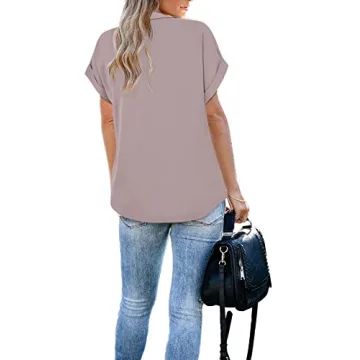 Gaharu Womens Tops and Blouses Womens Work Clothes Lapel Blouses Casual V Neck Business Shirts Short Sleeve Tops Office Tunic Adobe Rose,XL