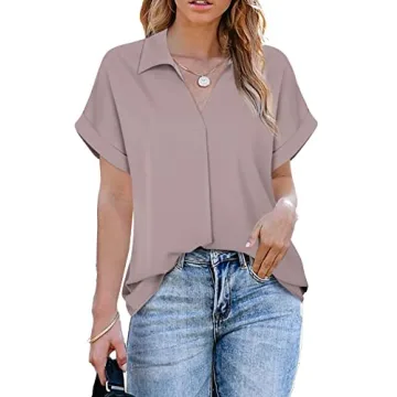 Gaharu Womens Tops and Blouses Womens Work Clothes Lapel Blouses Casual V Neck Business Shirts Short Sleeve Tops Office Tunic Adobe Rose,XL