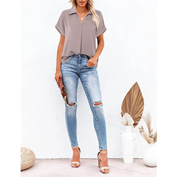 Gaharu Womens Tops and Blouses Womens Work Clothes Lapel Blouses Casual V Neck Business Shirts Short Sleeve Tops Office Tunic Adobe Rose,XL