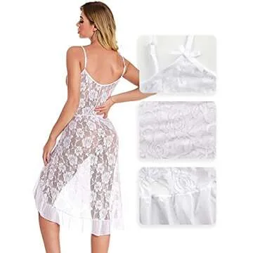 HiSexy Women's Sexy Boudoir Lingerie Set Long Adjustable Strappy Dress See-Through Lace Negligee Chemise