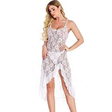 HiSexy Women's Sexy Boudoir Lingerie Set Long Adjustable Strappy Dress See-Through Lace Negligee Chemise