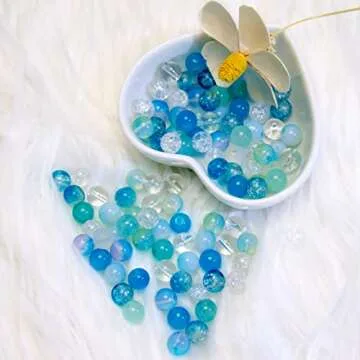 Niziky 100PCS Glass Beads for Jewelry Making, Mix 8MM Blue Crackle Lampwork Glass Beads Aurora Crystal Beads Matte Gemstones Spacer Beads Kits for Crafts