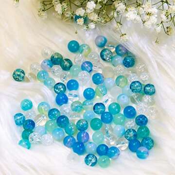 Niziky 100PCS Glass Beads for Jewelry Making, Mix 8MM Blue Crackle Lampwork Glass Beads Aurora Crystal Beads Matte Gemstones Spacer Beads Kits for Crafts
