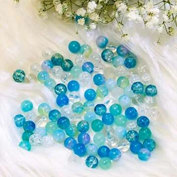 Niziky 100PCS Glass Beads for Jewelry Making, Mix 8MM Blue Crackle Lampwork Glass Beads Aurora Crystal Beads Matte Gemstones Spacer Beads Kits for Crafts