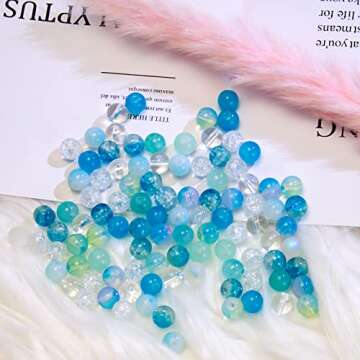 Niziky 100PCS Glass Beads for Jewelry Making, Mix 8MM Blue Crackle Lampwork Glass Beads Aurora Crystal Beads Matte Gemstones Spacer Beads Kits for Crafts