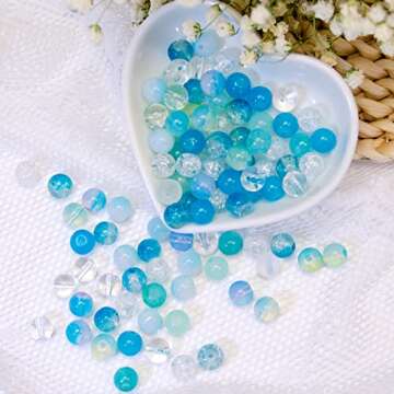 Niziky 100PCS Glass Beads for Jewelry Making, Mix 8MM Blue Crackle Lampwork Glass Beads Aurora Crystal Beads Matte Gemstones Spacer Beads Kits for Crafts