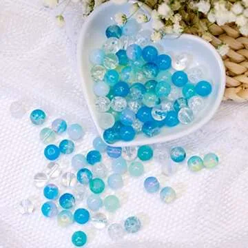 Niziky 100PCS Glass Beads for Jewelry Making, Mix 8MM Blue Crackle Lampwork Glass Beads Aurora Crystal Beads Matte Gemstones Spacer Beads Kits for Crafts