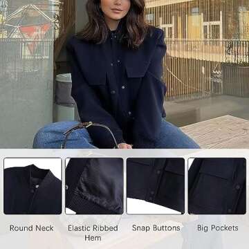 Mincib Women's Cropped Bomber Jacket Casual Long Sleeve Button Down Baseball Vasity Jacket with Pockets 2023
