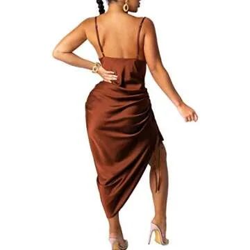 nqgsntc Women's Fashion Cocktail Dress Slip Dress Camisoles Cowl Neck Backless Satin Jacquard Split Maxi Party Dress Brown XS