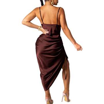 nqgsntc Women's Fashion Cocktail Dress Slip Dress Camisoles Cowl Neck Backless Satin Jacquard Split Maxi Party Dress Brown XS
