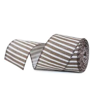 SKOVVART Rustic Barnyard White and Brown Striped Wired Ribbon - 2.5"x10yds