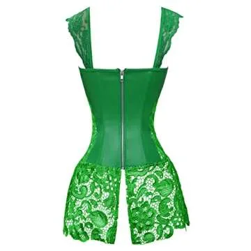 Kimring Women's Steampunk Gothic Sexy Faux Leather Shoulder Strap Bustier Corset with Lace Skirt Green Large