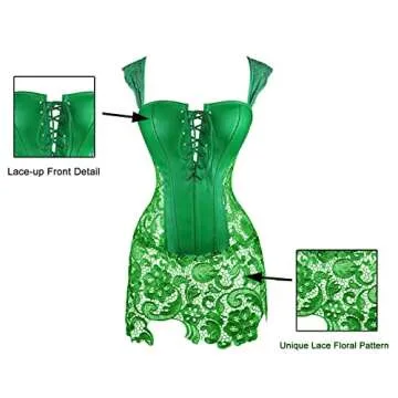 Kimring Women's Steampunk Gothic Sexy Faux Leather Shoulder Strap Bustier Corset with Lace Skirt Green Large
