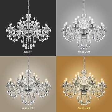 Ridgeyard Luxury 15 Lights Crystal Chandelier K9 Crystal Glass Chandelier Pendant Ceiling Lighting Ceiling Fixture Lamp for Dining Living Room Bedroom Hallway Entry, Clear
