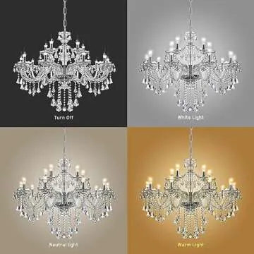Ridgeyard Luxury 15 Lights Crystal Chandelier K9 Crystal Glass Chandelier Pendant Ceiling Lighting Ceiling Fixture Lamp for Dining Living Room Bedroom Hallway Entry, Clear
