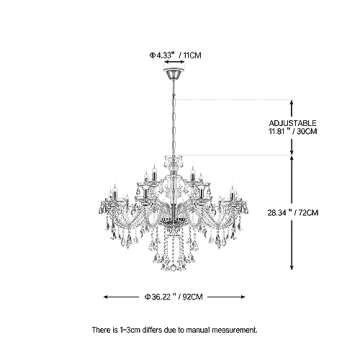 Ridgeyard Luxury 15 Lights Crystal Chandelier K9 Crystal Glass Chandelier Pendant Ceiling Lighting Ceiling Fixture Lamp for Dining Living Room Bedroom Hallway Entry, Clear