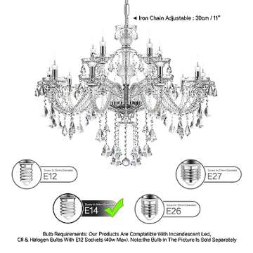 Ridgeyard Luxury 15 Lights Crystal Chandelier K9 Crystal Glass Chandelier Pendant Ceiling Lighting Ceiling Fixture Lamp for Dining Living Room Bedroom Hallway Entry, Clear