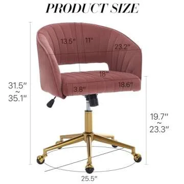 Home Office Chair Swivel Velvet Desk Chair Accent Armchair Upholstered Modern Tufted Chairs with Gold Base for Girls Women Ergonomic Study Seat Computer Task Stools for Living Room(Rose)