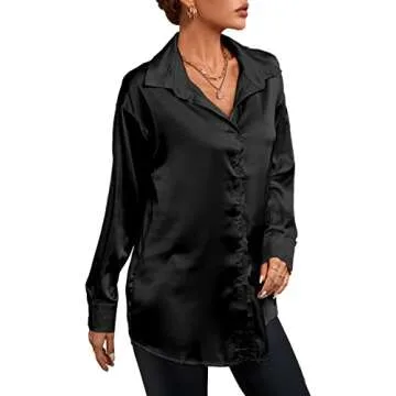 LYANER Women's Satin Silk Collar V Neck Button Down Long Sleeve Blouse Shirt Top Black Medium