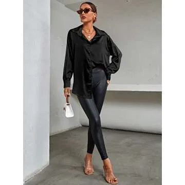 LYANER Women's Satin Silk Collar V Neck Button Down Long Sleeve Blouse Shirt Top Black Medium