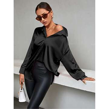 LYANER Women's Satin Silk Collar V Neck Button Down Long Sleeve Blouse Shirt Top Black Medium