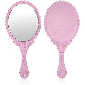 XPXKJ Hand Mirror Vintage Handheld Mirror with Handle Vanity Makeup Mirror Travel Mirrors (Oval, Nano Pink)