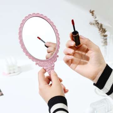 XPXKJ Hand Mirror Vintage Handheld Mirror with Handle Vanity Makeup Mirror Travel Mirrors (Oval, Nano Pink)