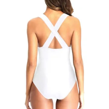 Sexy White One Piece Swimsuits Deep V Neck Hollow Out Design