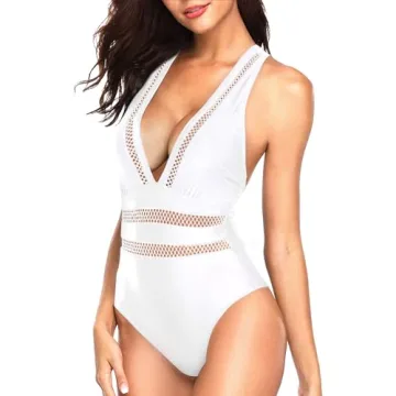 Sexy White One Piece Swimsuits Deep V Neck Hollow Out Design