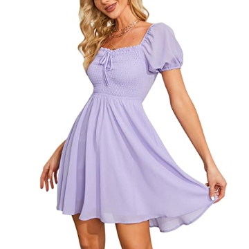 Byinns Women's Sweetheart Neckline Dress Smocked Sundress Puff Short Sleeve Drawstring Dresses Purpl...