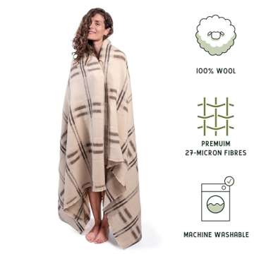 Ritzy Juniper Heavyweight, Unbleached Wool Blanket - Natural Cream and Brown Plaid, 60 x 80 Inches