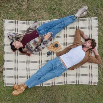 Ritzy Juniper Heavyweight, Unbleached Wool Blanket - Natural Cream and Brown Plaid, 60 x 80 Inches