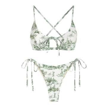 ZAFUL Women's Toile String Bikini Set Cut Out Lace Up Two Piece Swimsuit High Cut Tie Side Bathing Suit Light Green M