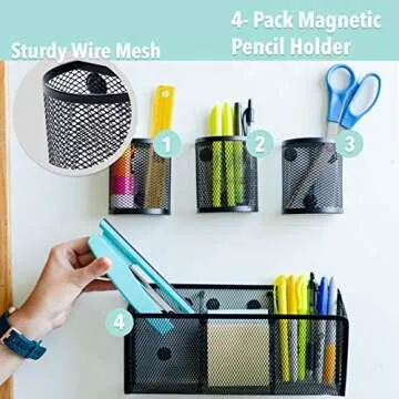 Awesome Office Supplies Black Magnetic Pencil Holder (4-pack) - Strong Magnet Wire Mesh Storage Basket Organizer Organizes Pens, Pencils, Markers for Locker Accessories, Fridge, Cubicle Desk, Offices