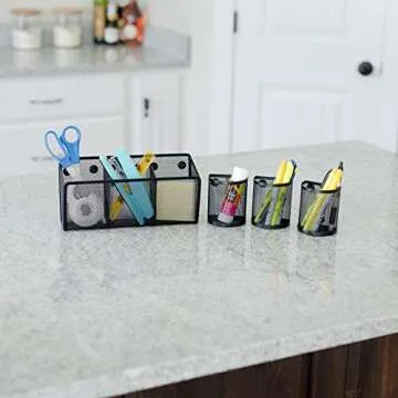 Awesome Office Supplies Black Magnetic Pencil Holder (4-pack) - Strong Magnet Wire Mesh Storage Basket Organizer Organizes Pens, Pencils, Markers for Locker Accessories, Fridge, Cubicle Desk, Offices