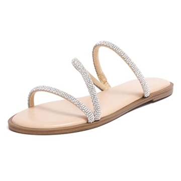 REDTOP Women's Rhinestone Flat Sandals Slip on Open Toe Memory Foam Sandals Slide Sandals for Women