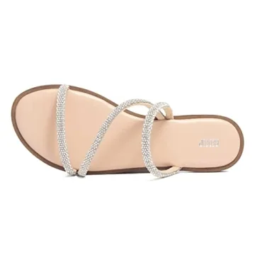 REDTOP Women's Rhinestone Flat Sandals Slip on Open Toe Memory Foam Sandals Slide Sandals for Women