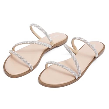 REDTOP Women's Rhinestone Flat Sandals Slip on Open Toe Memory Foam Sandals Slide Sandals for Women