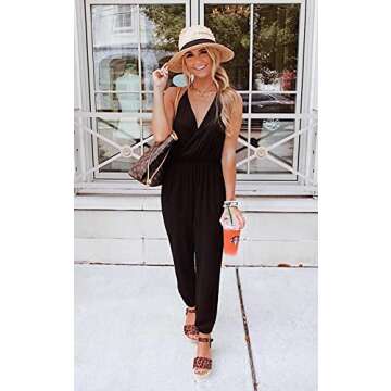 PRETTYGARDEN Women's Summer Casual Jumpsuits Wrap V Neck Sleeveless One Piece Pants Romper with Pockets