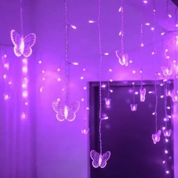 YOLIGHT Butterfly Curtain Lights 13ft 96 LED Fairy Lights 8 Modes String Lights with Remote, Butterfly Hanging Decoration for Girls Room Bedroom Wall Ceiling Party Wedding Holiday Christmas (Purple)