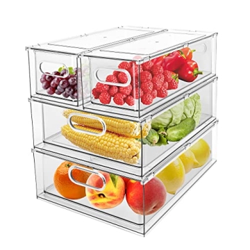 Greenby 4 Pack Refrigerator Organizer Bins with Pull-out Drawer Stackable Clear Fridge Drawer Organi...