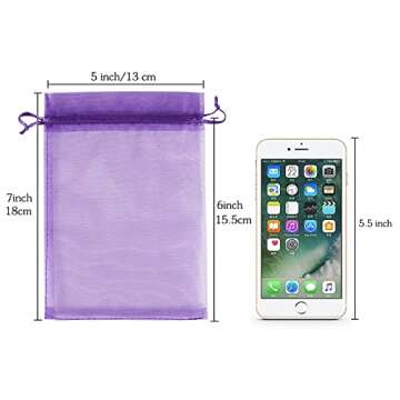 HRX Package 100pcs Organza Bags Purple, 5x7 inch Mesh Drawstring Gift Bags Jewelry Pouches for Christmas Candy Party Favor