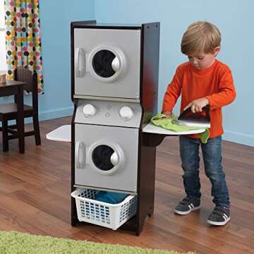 KidKraft Laundry Playset Children's Pretend Wooden Stacking Washer and Dryer Toy with Iron and Basket, Espresso, Gift for Ages 3+